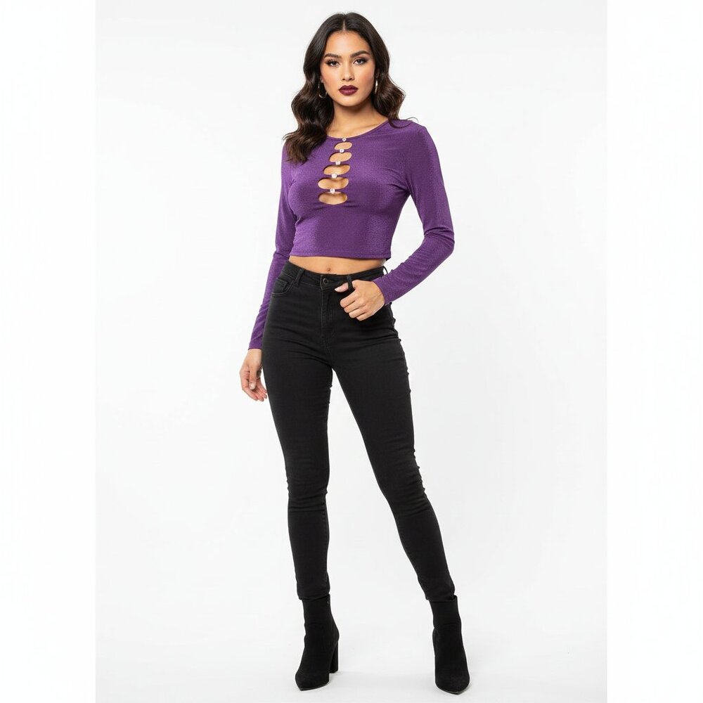 Shein‎ Womens Purple Long Sleeve Cut Out Flower Rhinestone Crop Top Size Small
